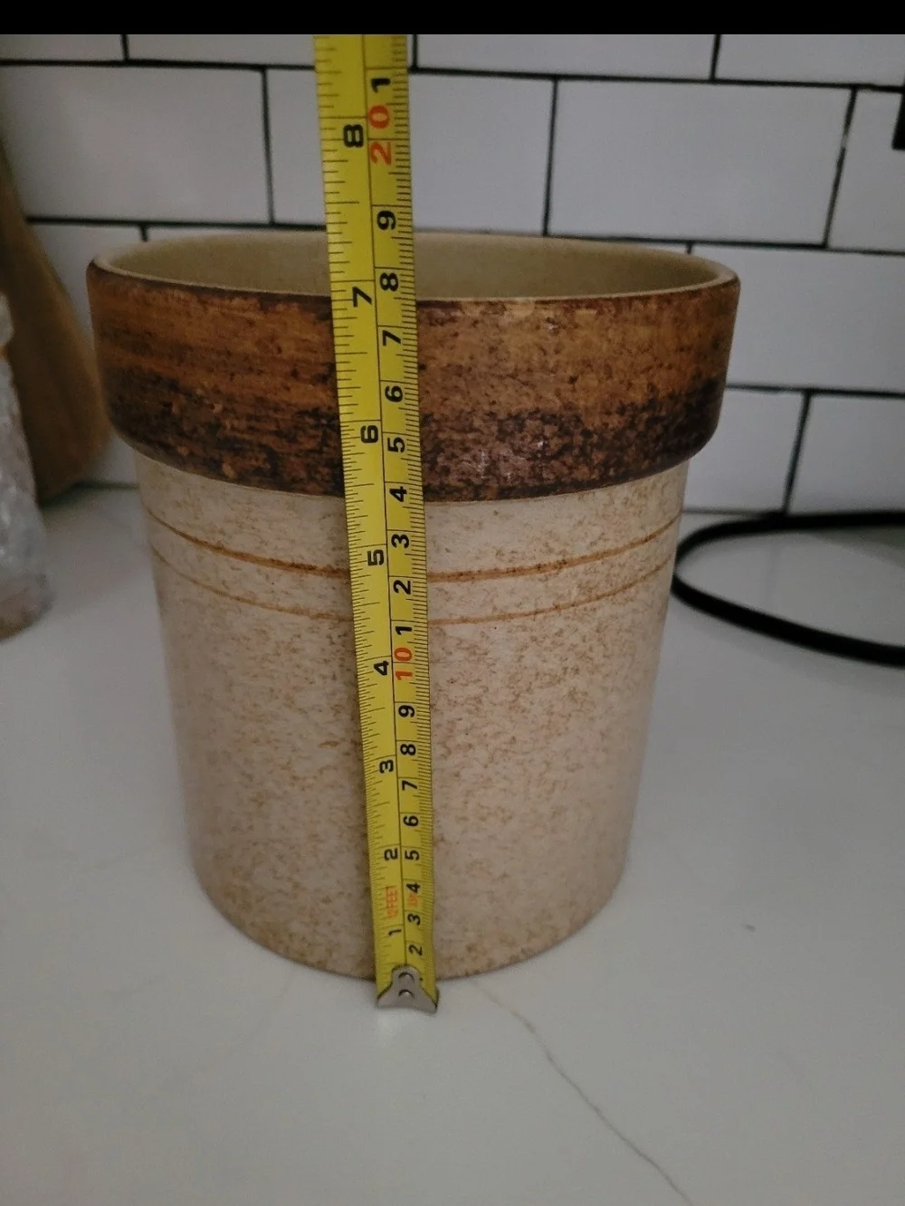 Pottery Canister with Brown Rim and Beige Body